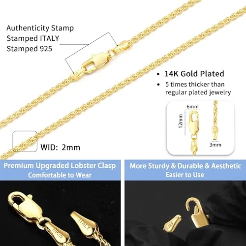2mm 14K Gold over Sterling Silver Rope Chain 18 in, Style JP-BVDFD, view 3