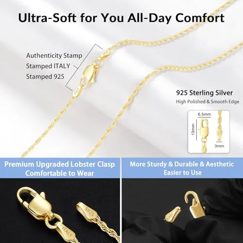 1.5mm 14K Gold over Sterling Silver Rope Chain 26 in, view 3